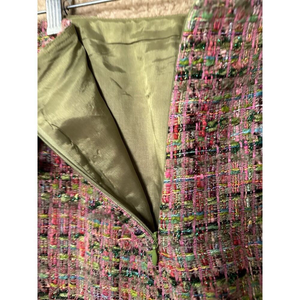 Rickie Freeman Teri Jon Tweed Pencil Skirt Bow Fringe Pink Green‎ Sz 2 - Picture 10 of 13